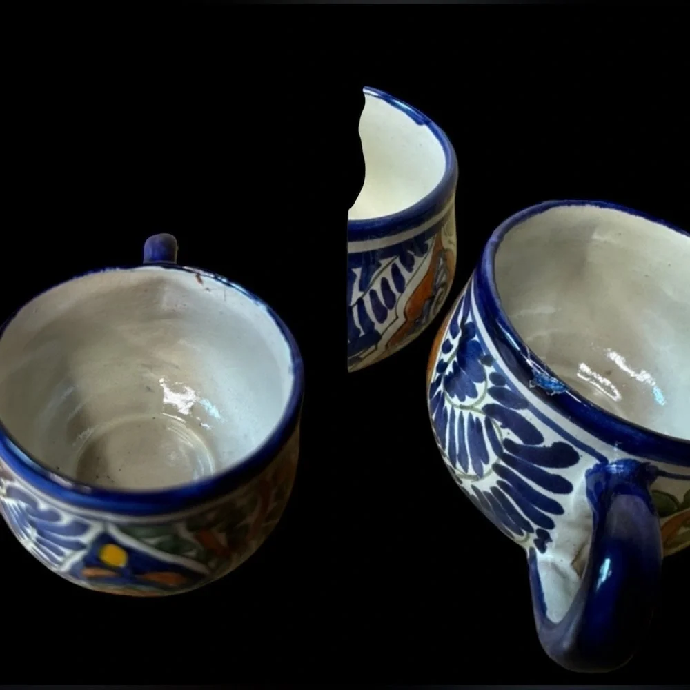 Vintage 70s Mexican Talavera by Vazquez Teapot Teacup and Saucer and Sugar Set